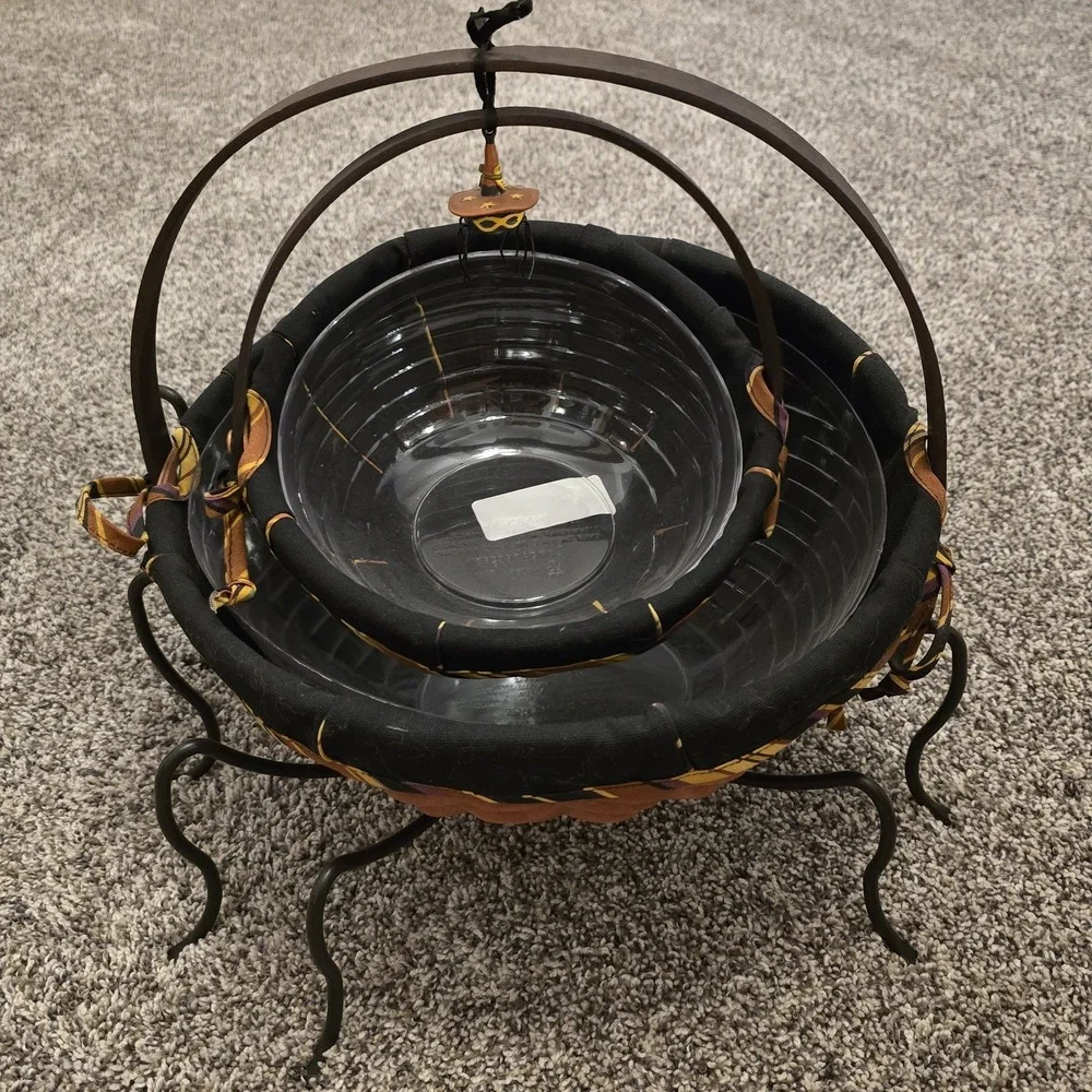 Longaberger Halloween Spider Basket Set 2006 Orange Black Wrought Iron Stand